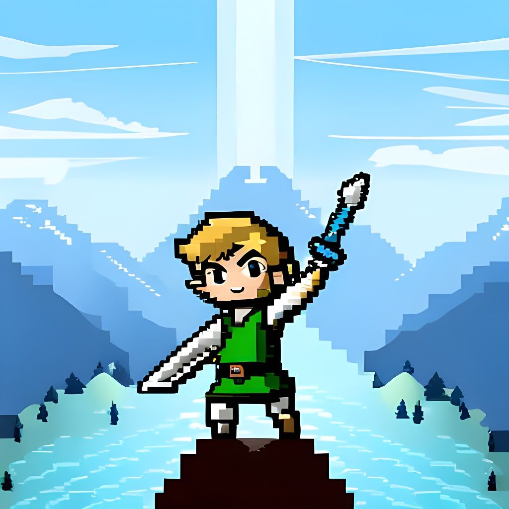 Pixel Art Link Holding Master Sword in Sky