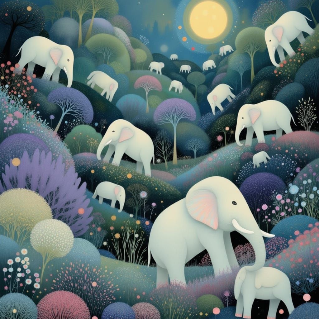 Surreal Dreamscape with Floating Elephants in Soft Moonlight
