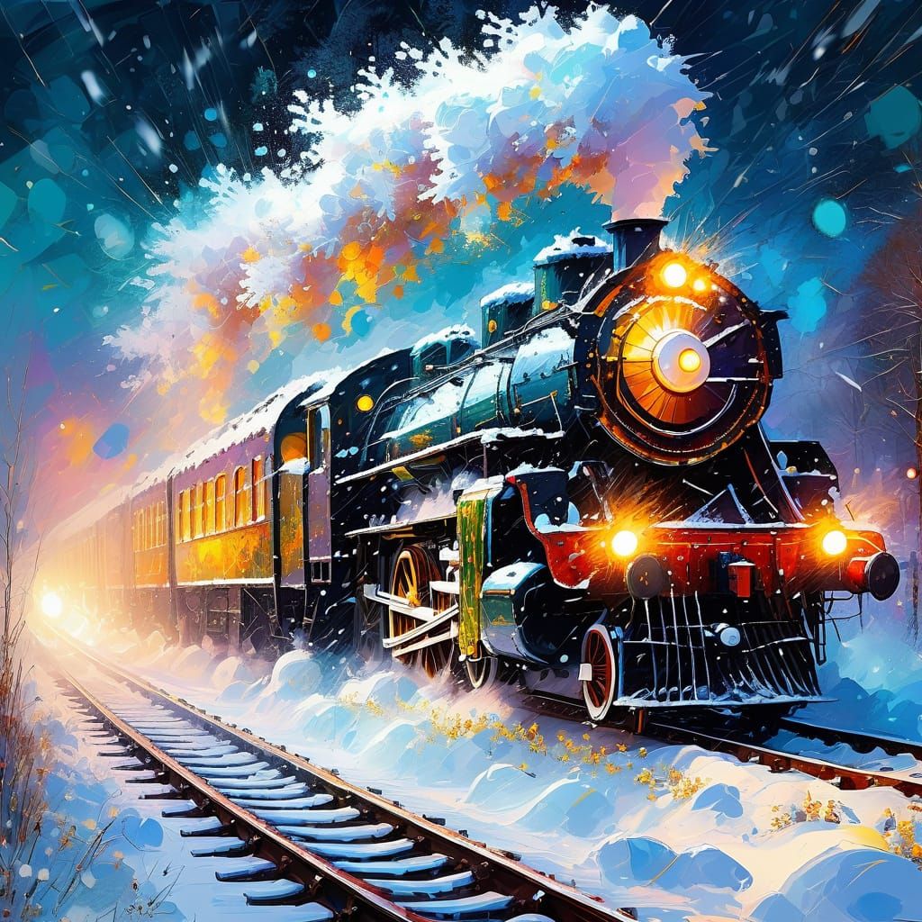 Winter Steam Train in Vibrant Expressive Style