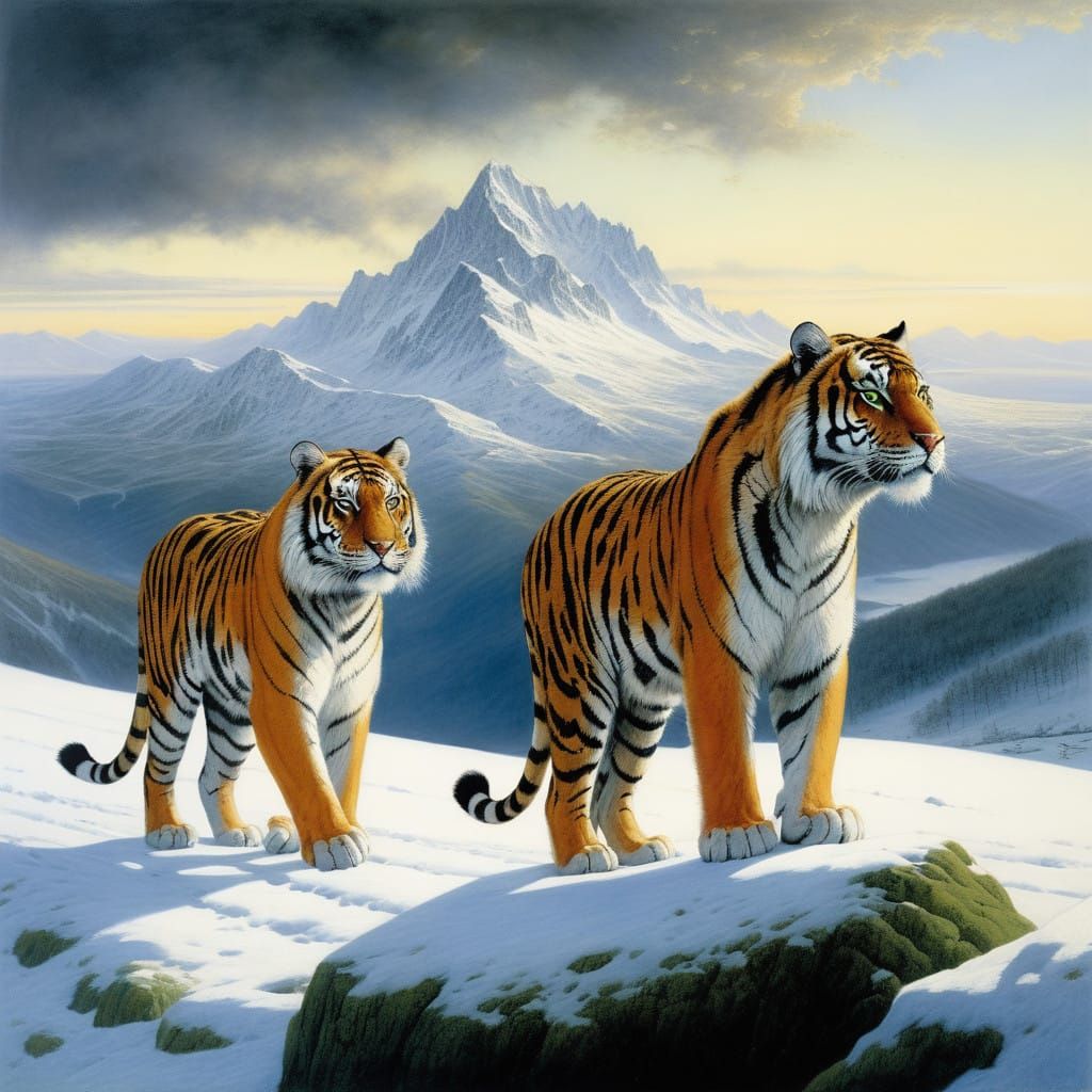 Majestic Tigers Bask in Serene Snowy Mountain Paradise