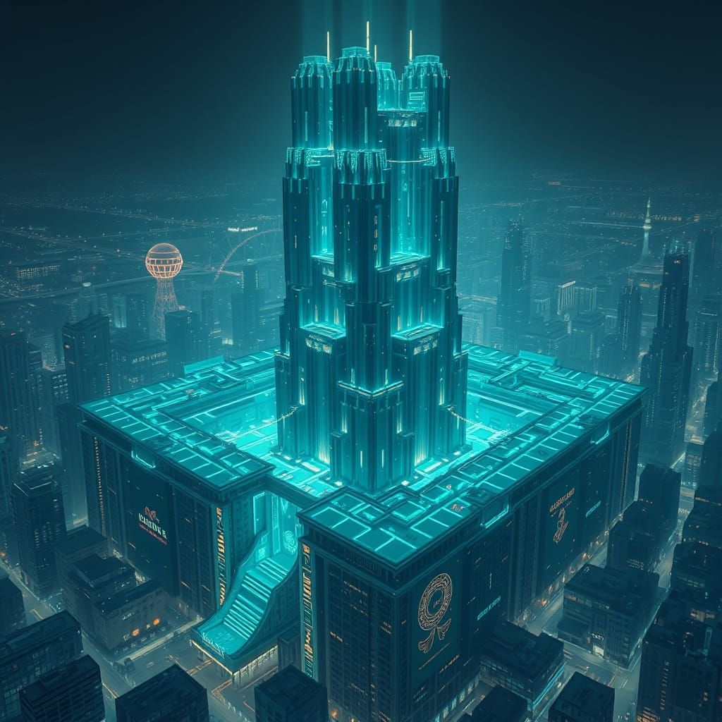 Glowing Urban Megalopolis in a Maze of Monolithic Pillars