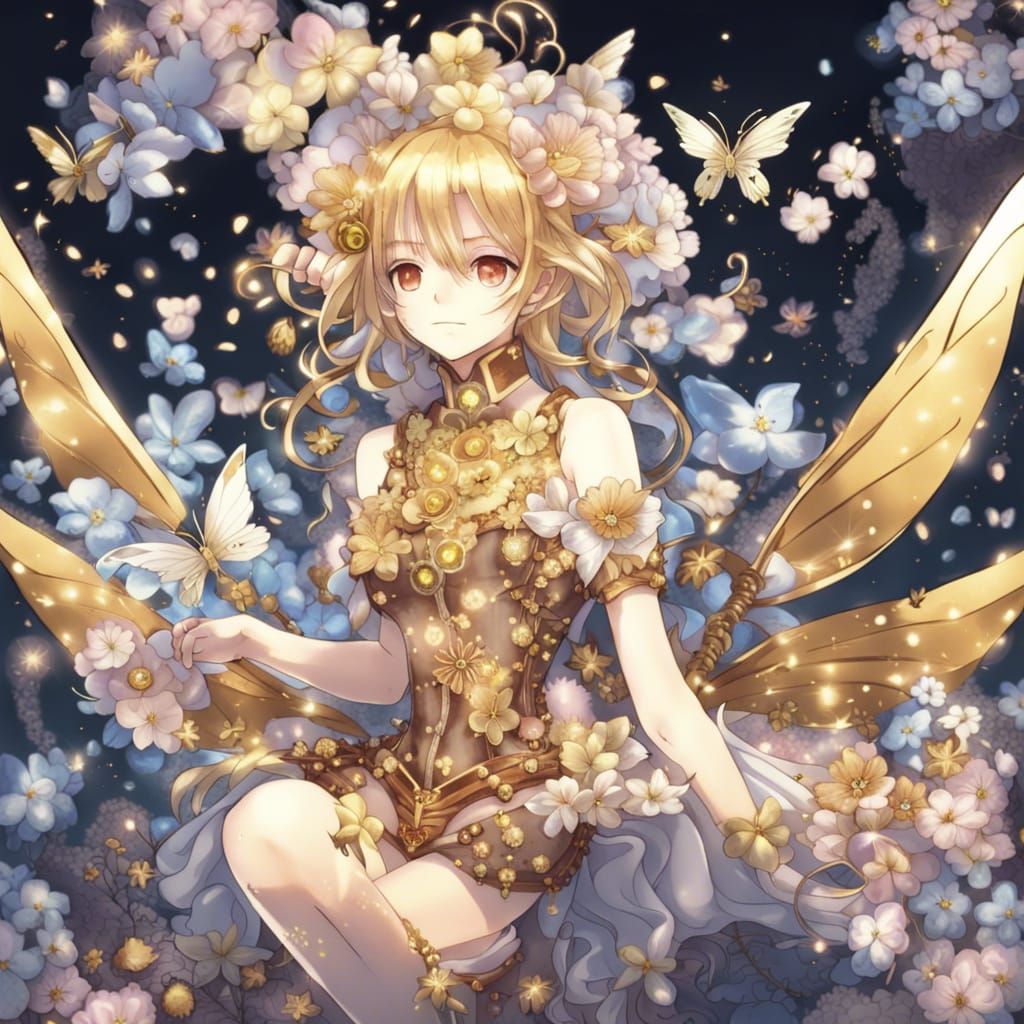 Steampunk Fairy with Gold Flowers, Anime Style