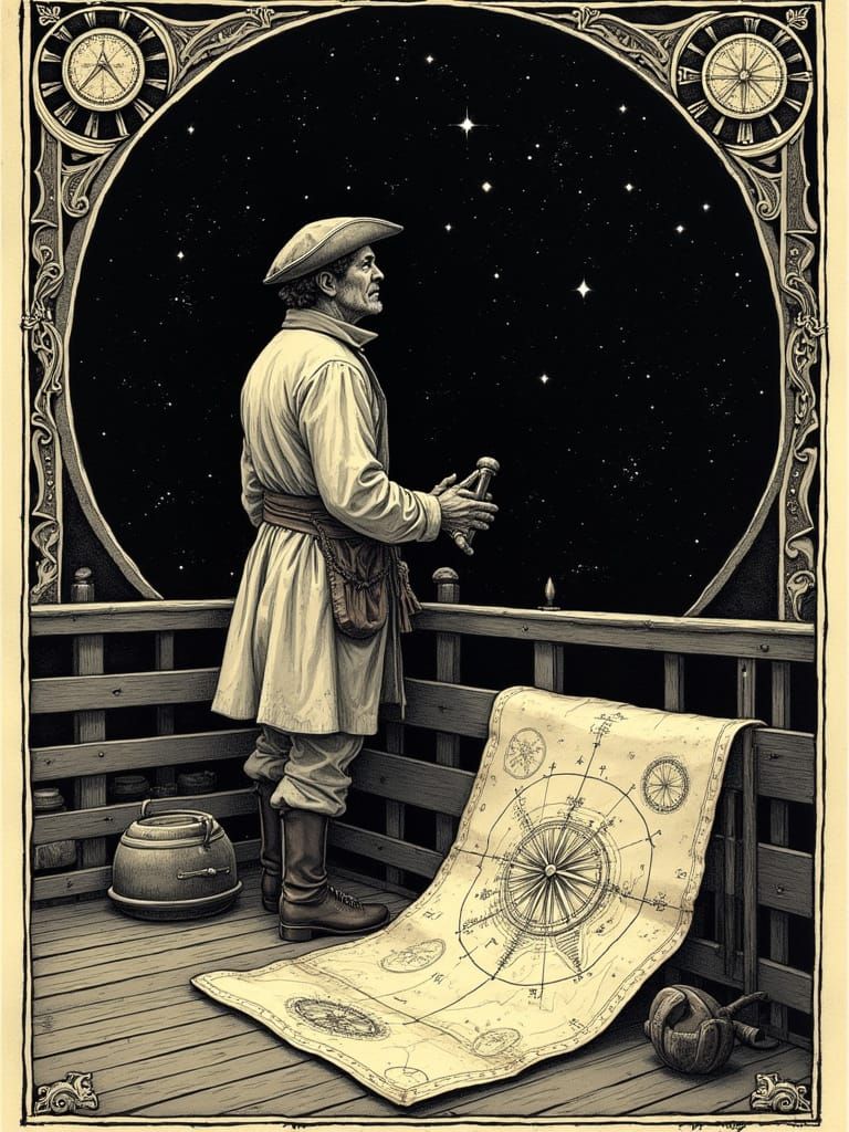 Vintage Nautical Tarot Card Illustration in Black and White