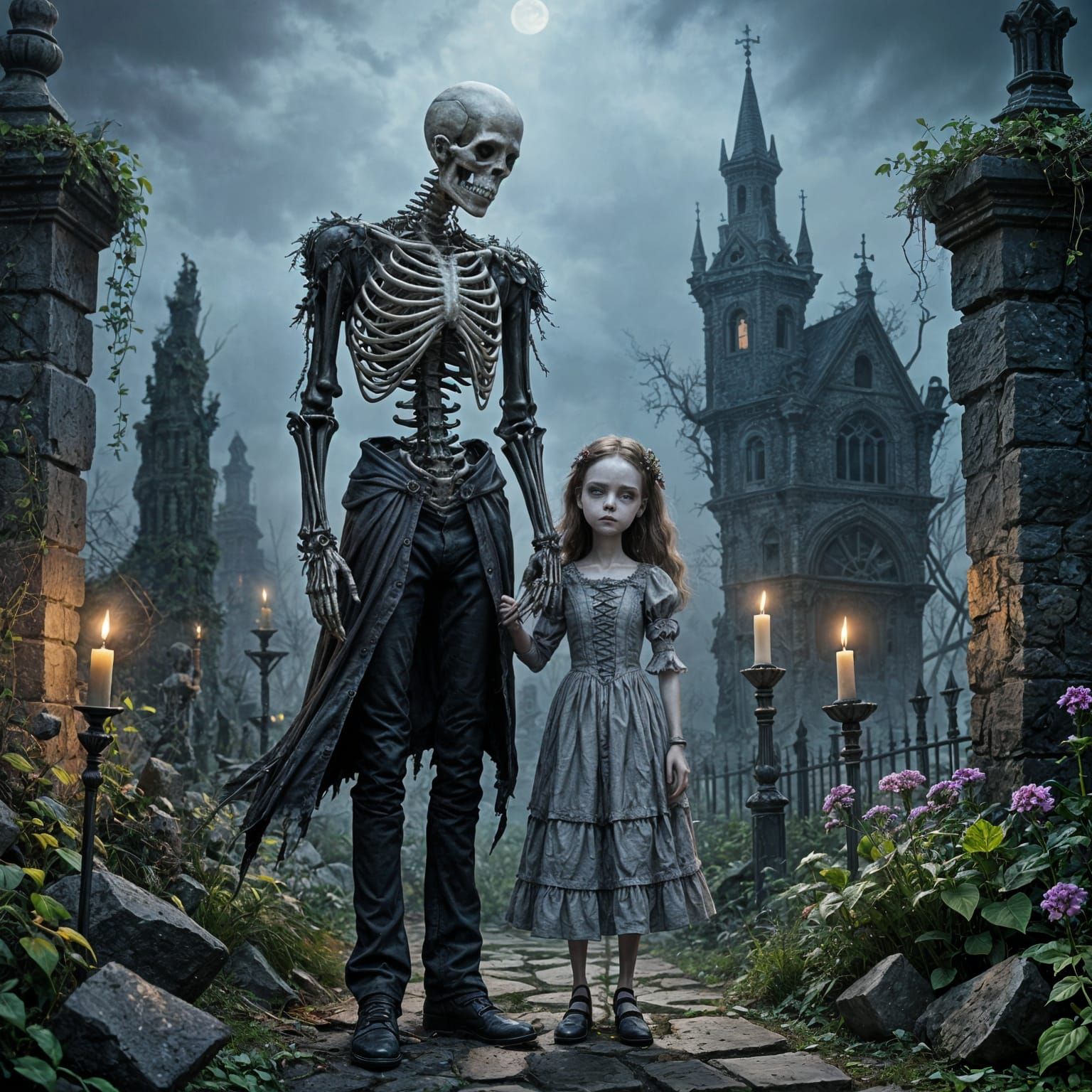Eerie Garden Scene with Skeletal Man and Doll