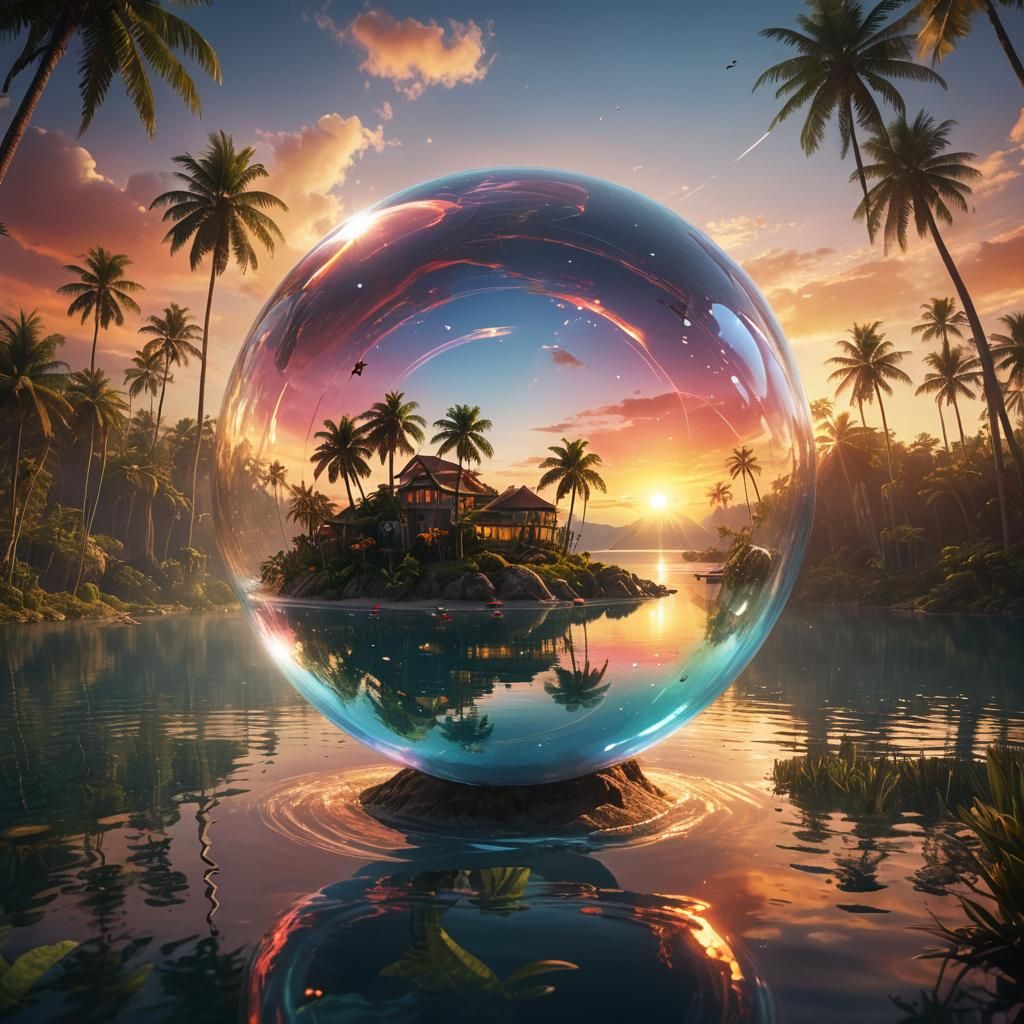 Island in Glass Bubble at Sunset: Ghibli-Inspired Anime