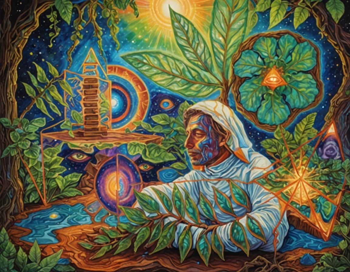 Surreal Meditating Man in Pyramid with Astral Aura