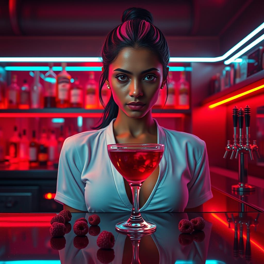 Striking Sri Lankan Woman at Neon Cocktail Bar