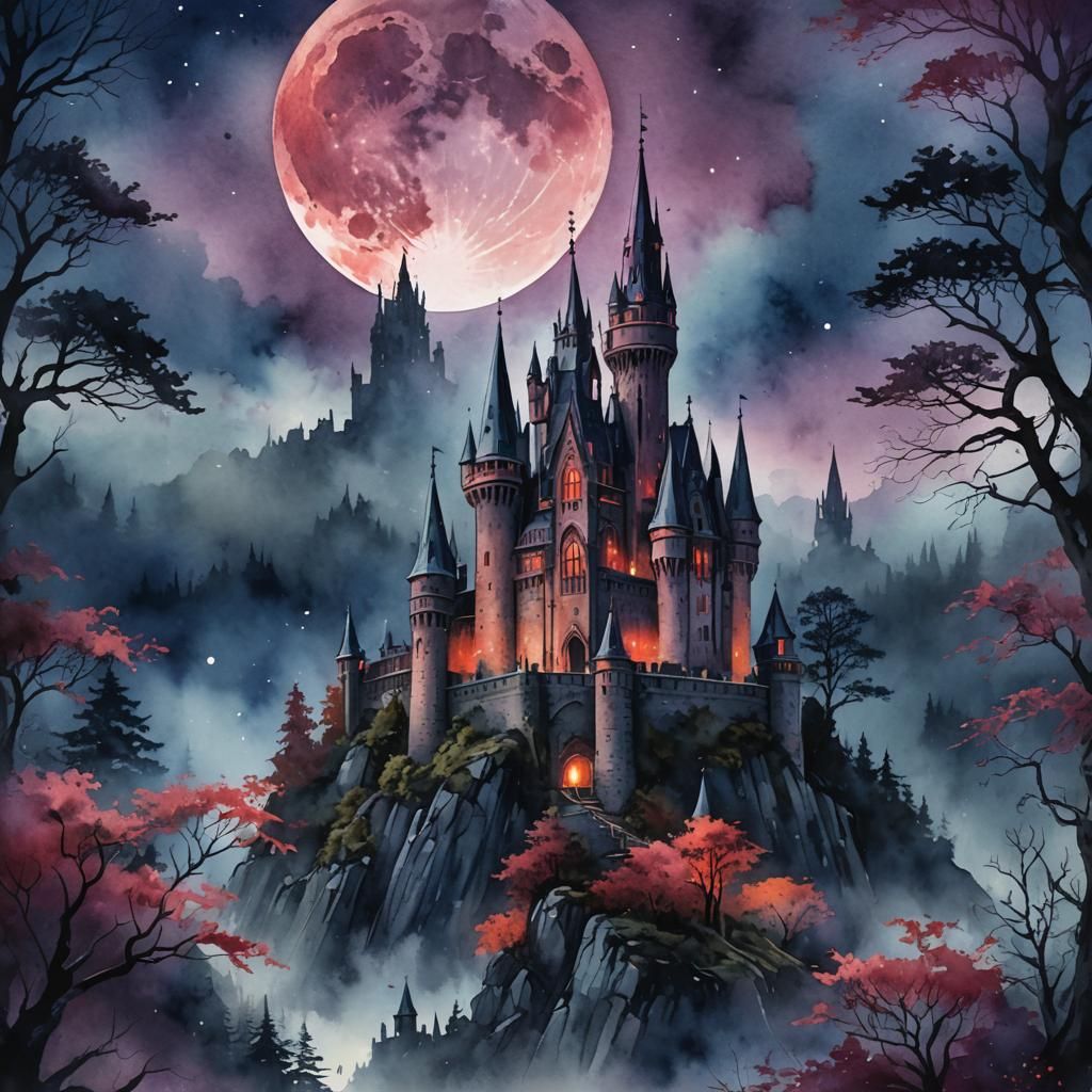 Gothic Castle Bloodmoon Digital Watercolor Illustration