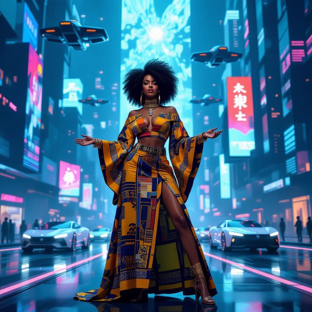 Afro-Latina Singer in Neon-Lit Futuristic Metropolis