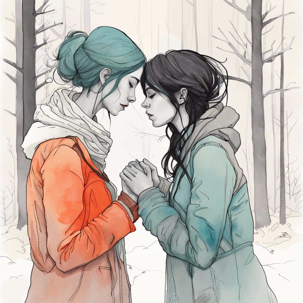 Lesbian Proposal in Winter Forest, Pencil Drawing