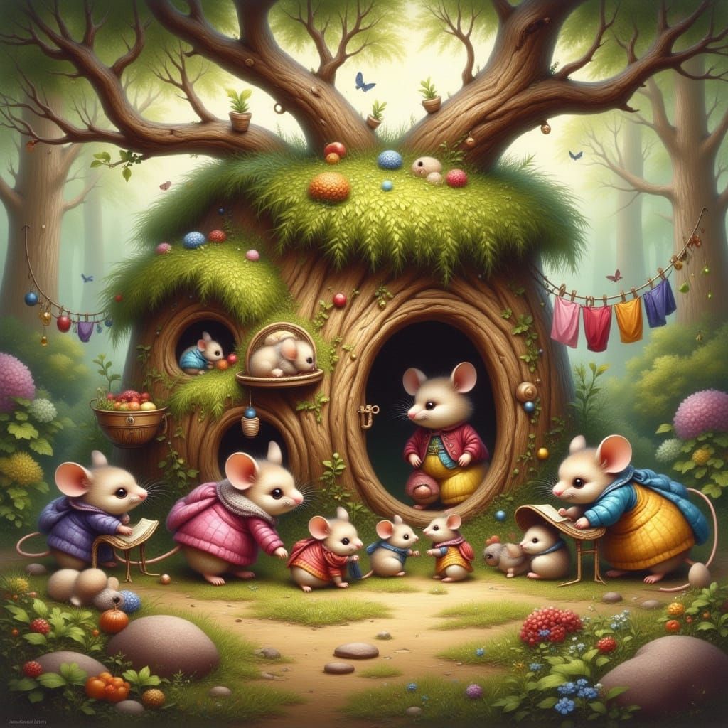 Adorable Mice Family in Vibrant Oil Painting
