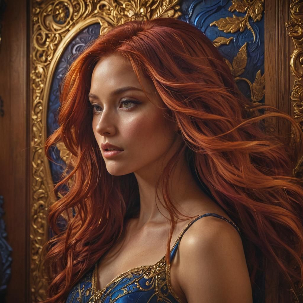 Fantasy Goddess with Flowing Red Hair in Digital Art