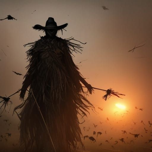 Dark Fantasy Scarecrow and Crows in Volumetric Lighting