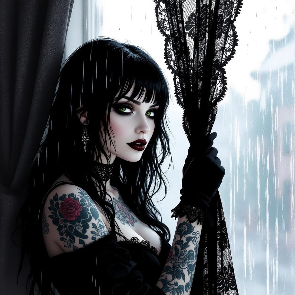 Gothic Woman Gazing at Rain in Somber Portrait