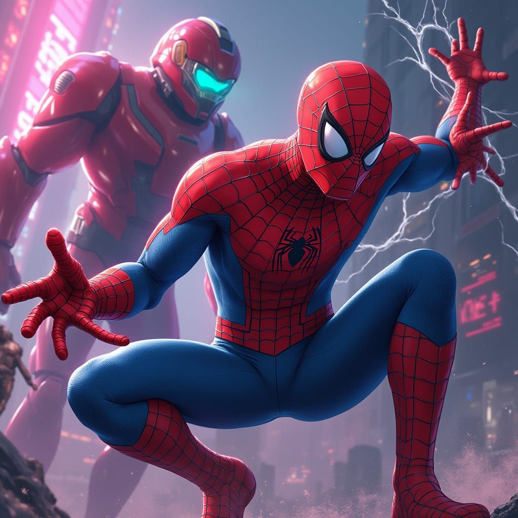 Spiderman Battles Sigma in Cyberpunk Neon City