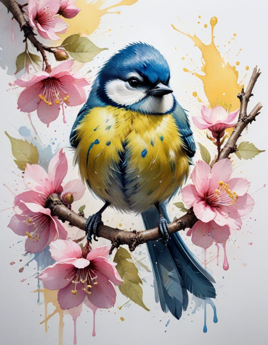 Chibi Bluetit Explorer in Watercolor Style