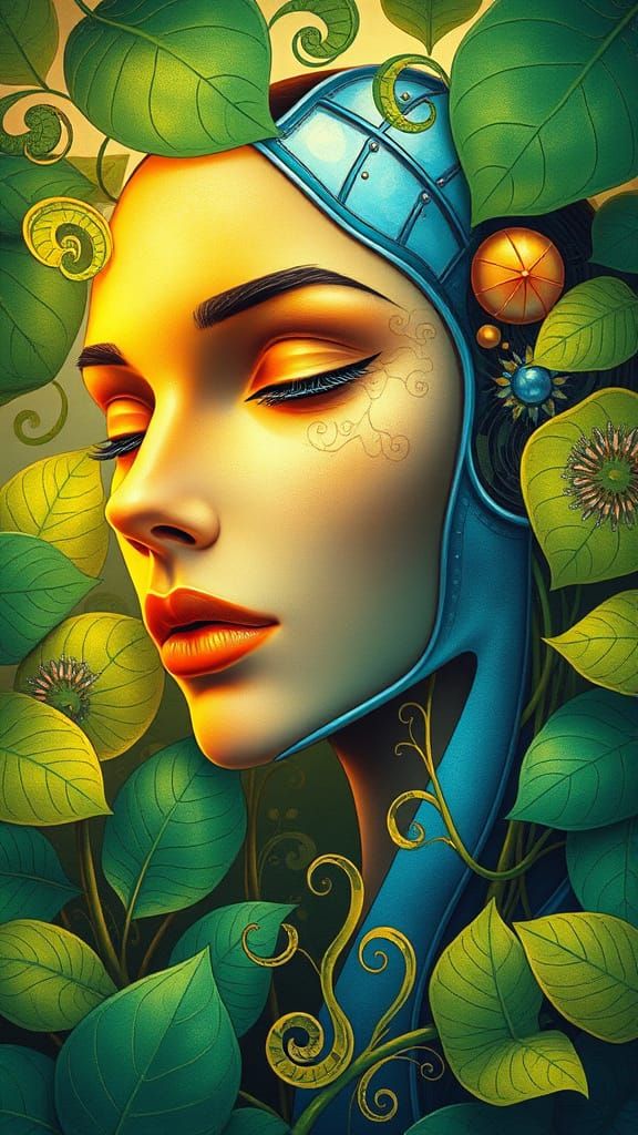 Androgynous Face in Split Colors with Art Nouveau Leaves