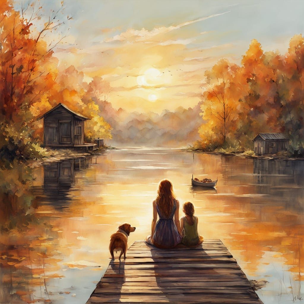 Family Bids Farewell on Autumn Pier at Sunset