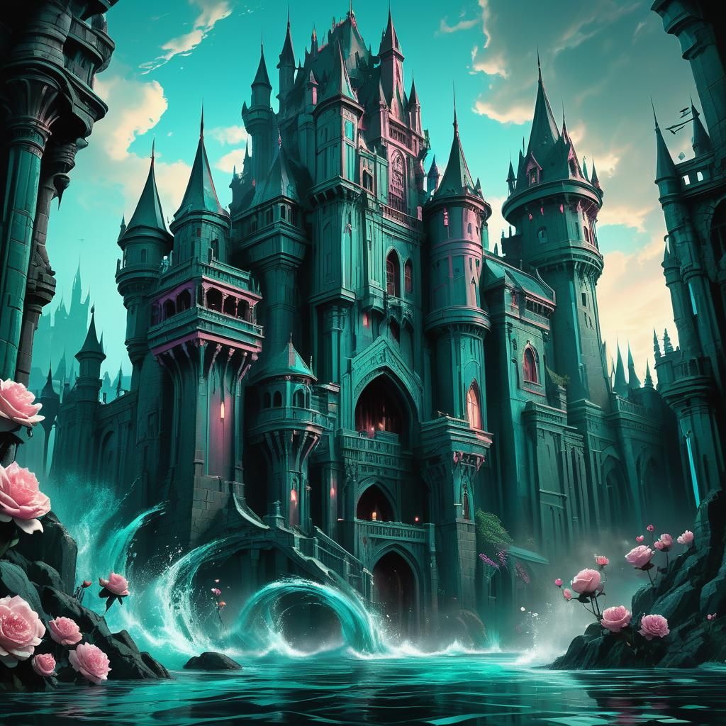 Teal and Rose Castle with Monster in Dark Fantasy Art