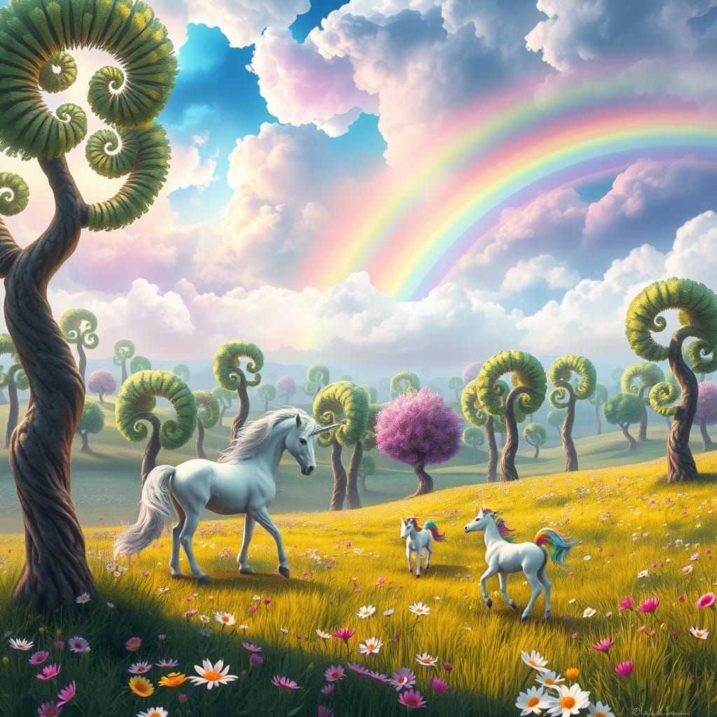 Surreal Meadow Dreamscape with Majestic Unicorns