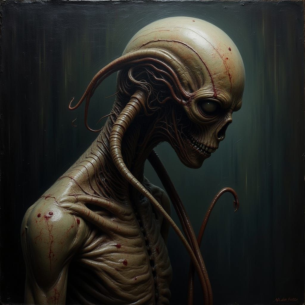 Surreal Alien Figure with Twisted Neck in Dark Oil Painting ...