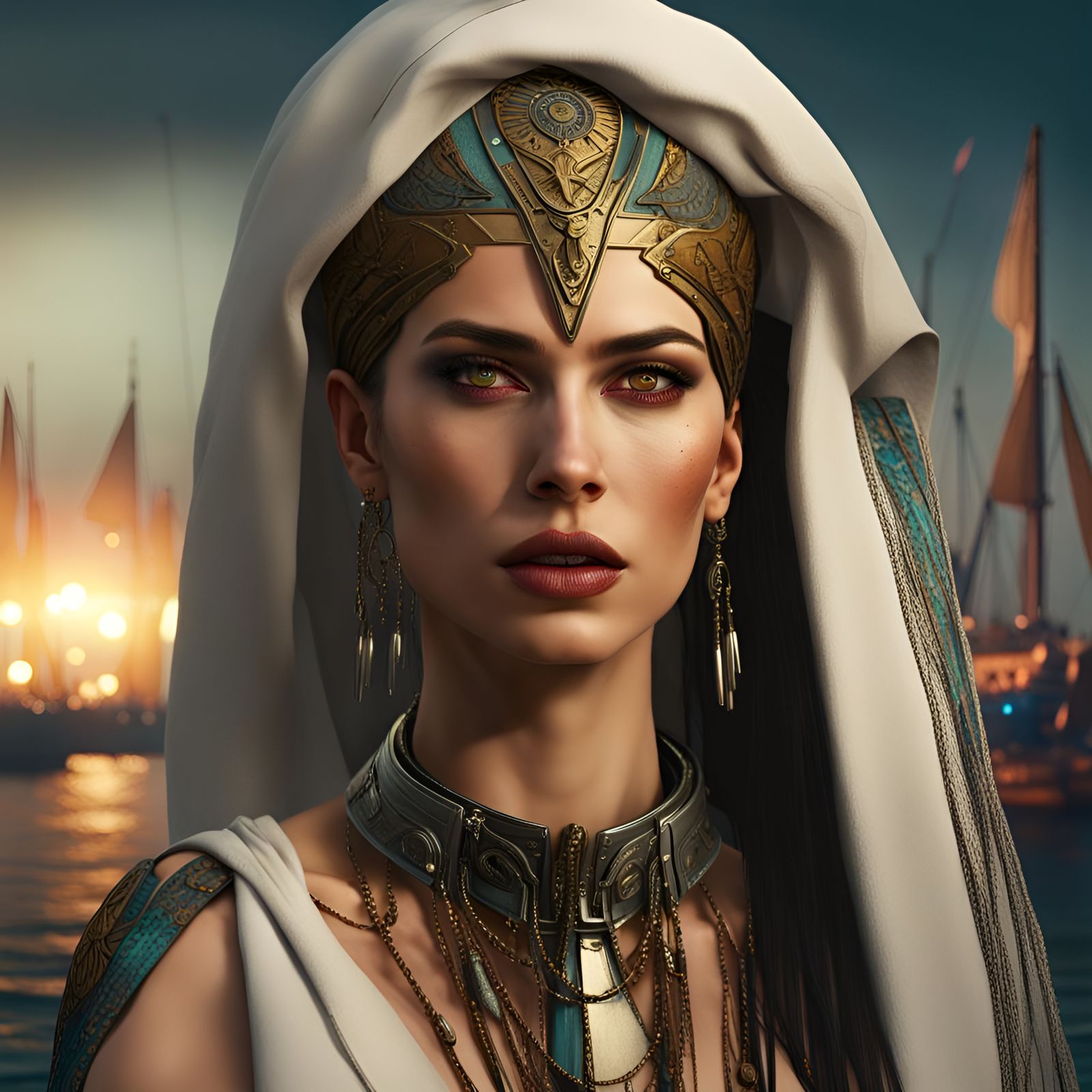 Queen Teuta in Cyberpunk Style with Balkan Motifs