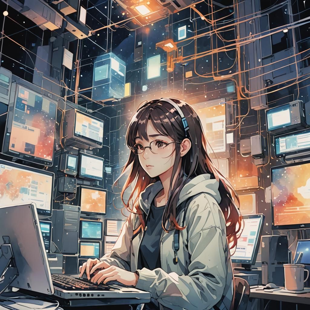Anime Girl Immersed in Cybernetic Data Network