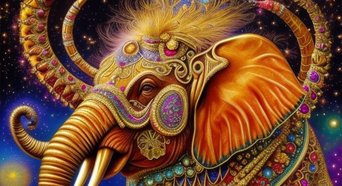 Parade Elephant , glitter gold, extremely detailed fractal , fractal gems, fractal crystals, gold glitter, digital oil p...