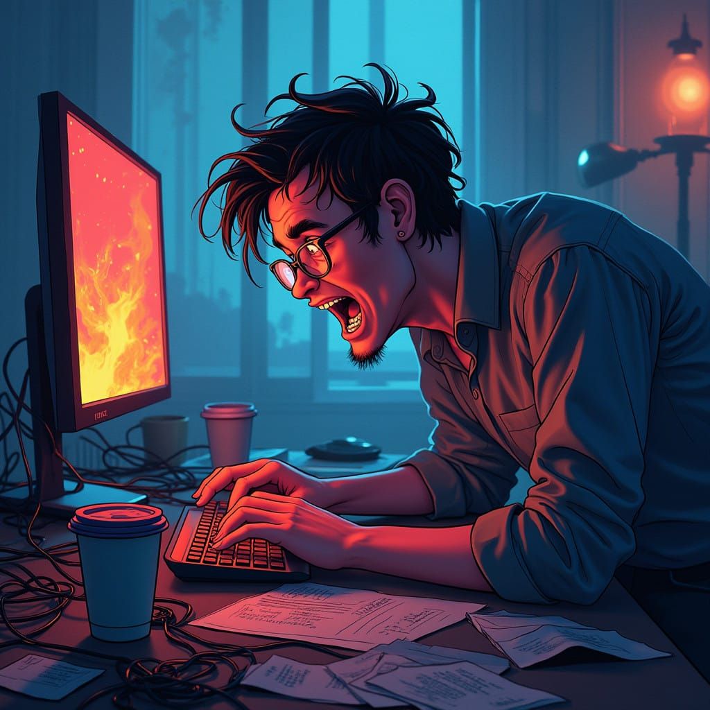 Hunched Over the Computer, Lost in a World of Coding