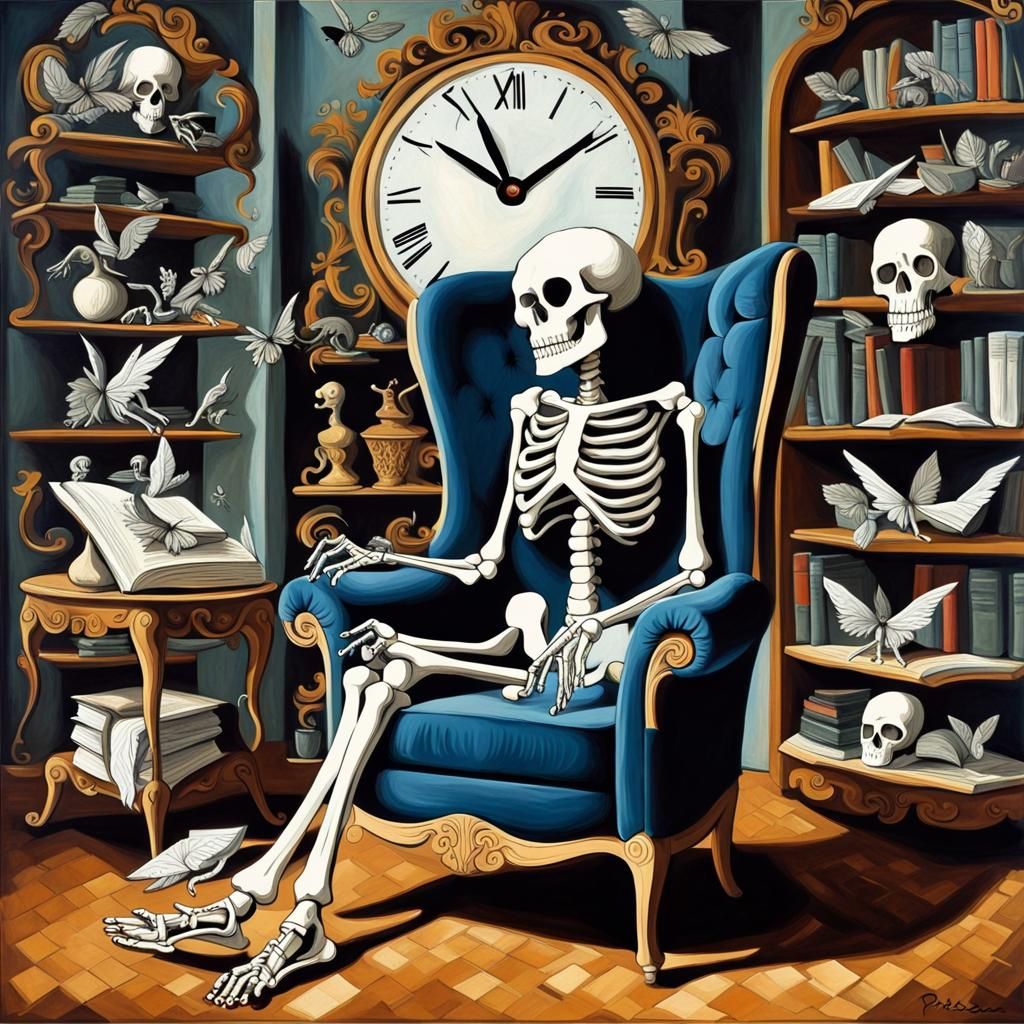 Surreal Skeleton in Armchair, Baroque Style