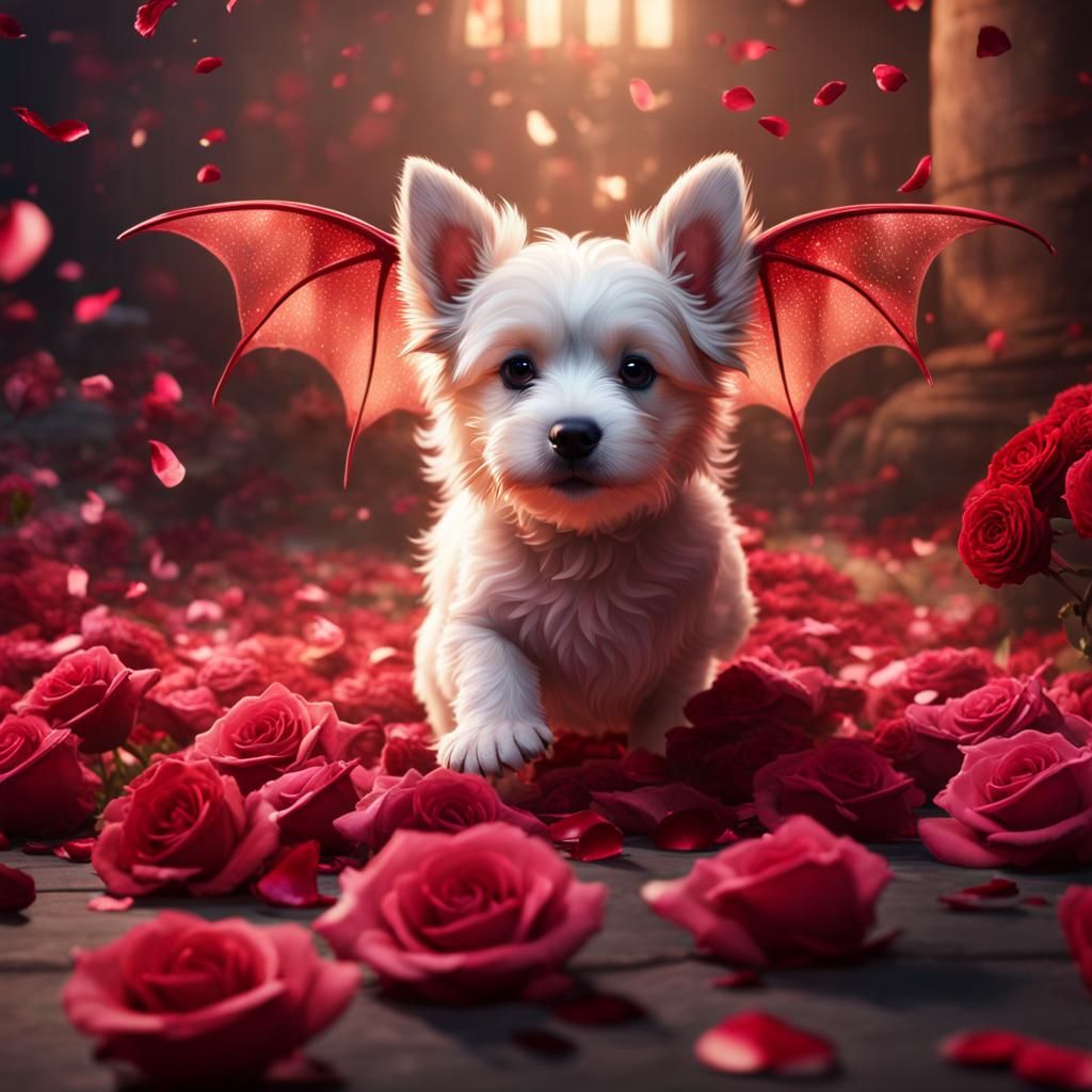 Puppy with Dragon Wings and Rose Petals