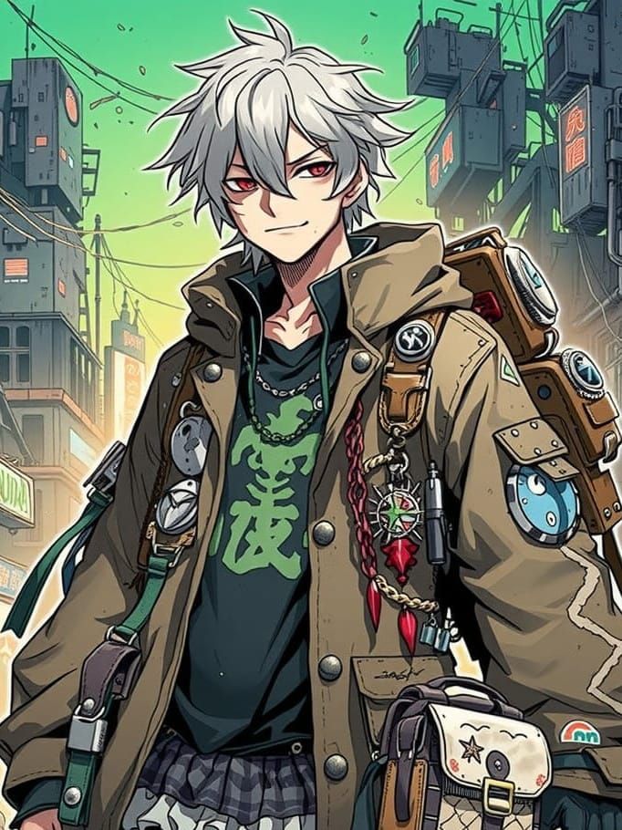 Mysterious Anime Wanderer in a Gritty Dystopian Landscape