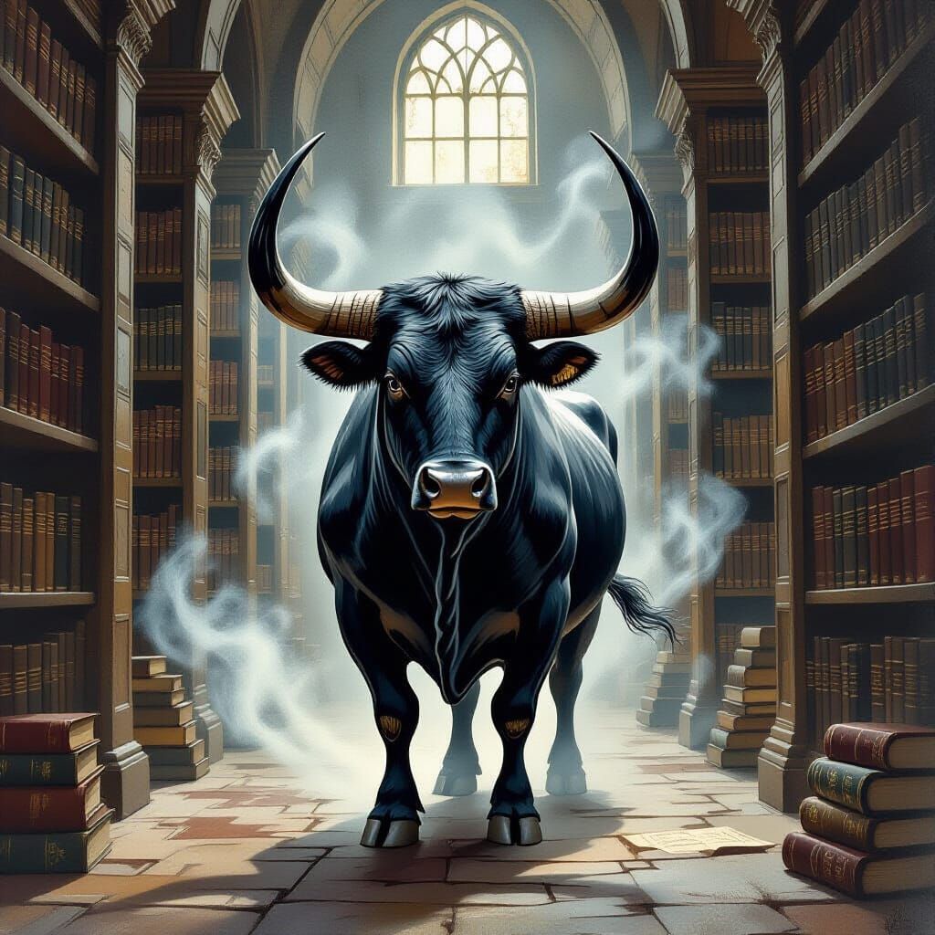 Majestic Obsidian Bull in Ancient Library, Watercolor Style