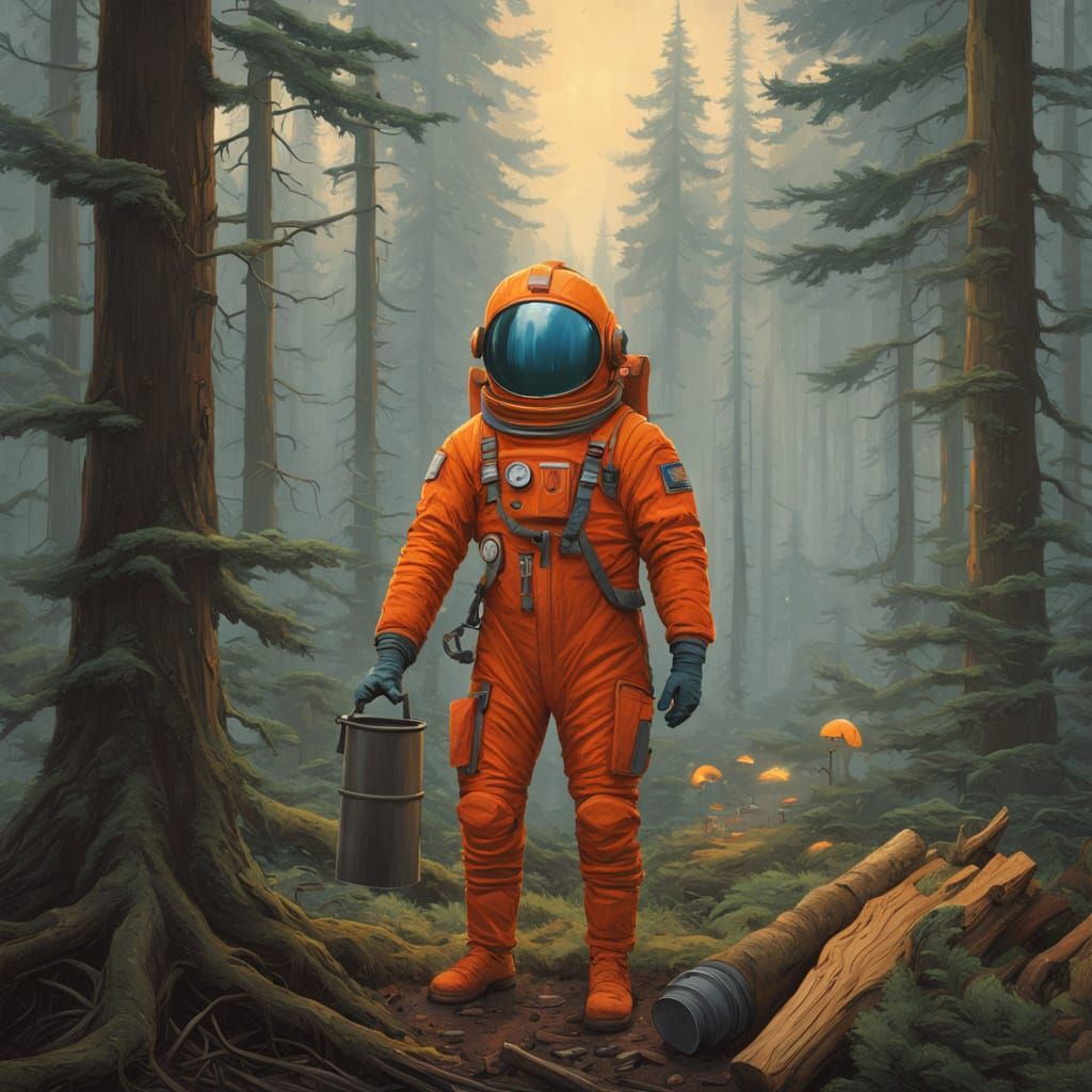 Caffeine Spaceman Chopping Wood in Eerie Forest
