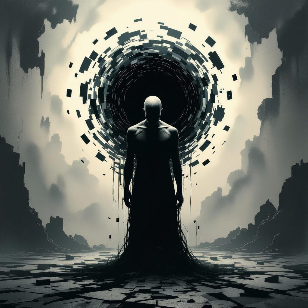 Figure Dissolving into Memory Vortex in Dark Surrealism Styl...
