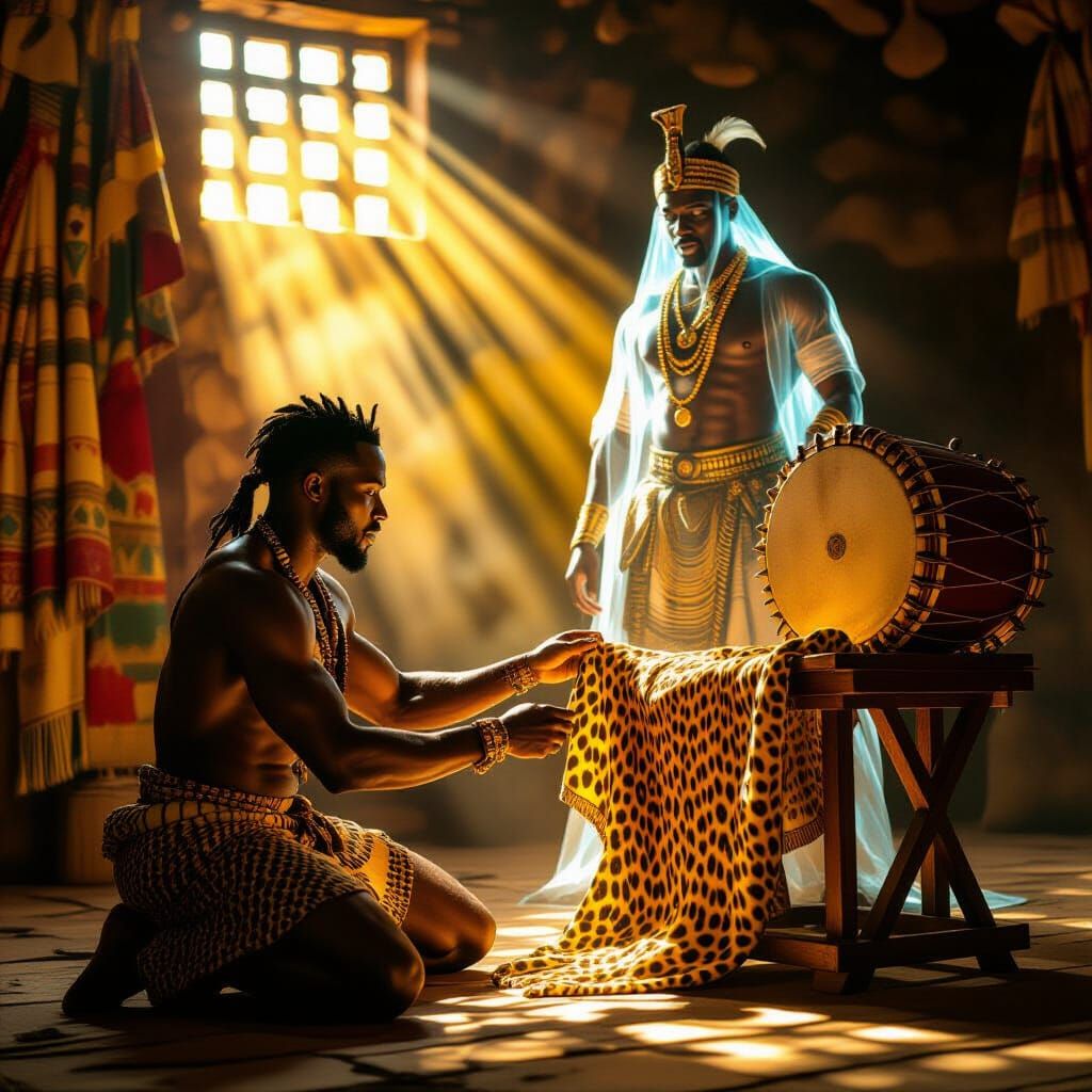 Yoruba Hunter Reaches for Glowing Garment in Sacred House