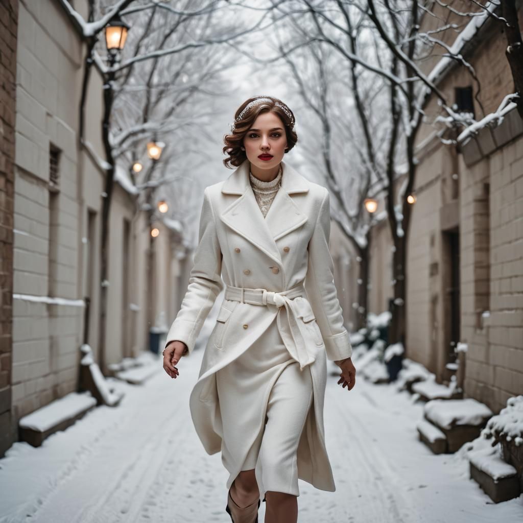 1920s Woman in White Runs Through Winter Alley