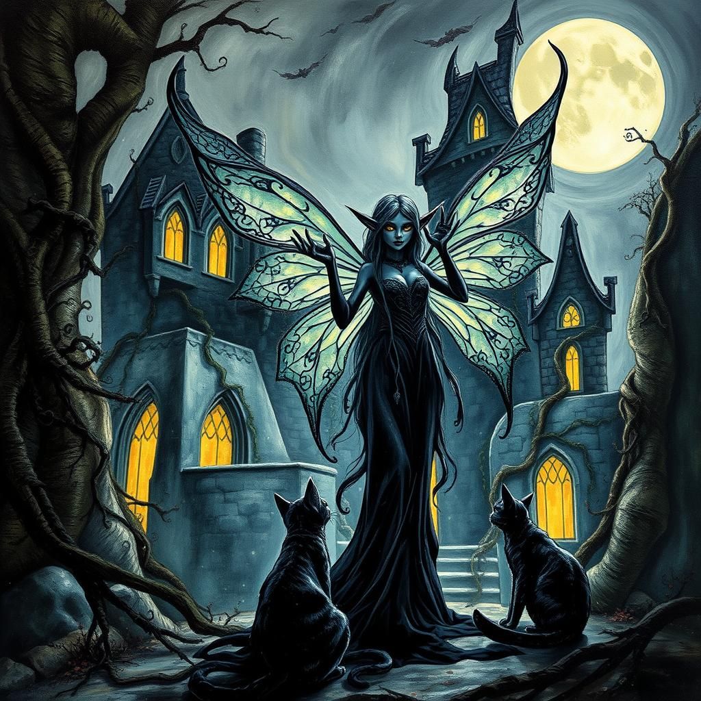 Dark Fairy Elf in Haunted House, Heavy Metal Art