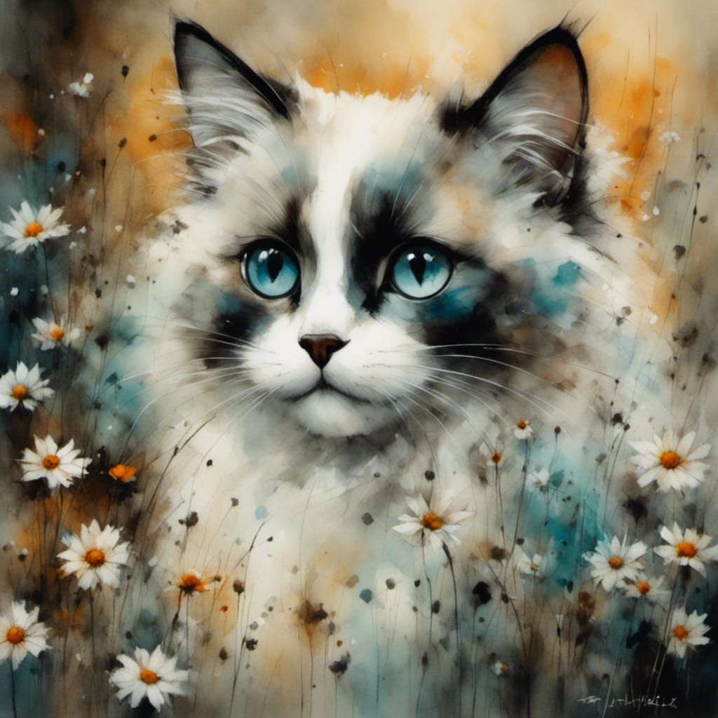 Ragdoll Cat in Daisy Meadow: Charcoal and Ink Art