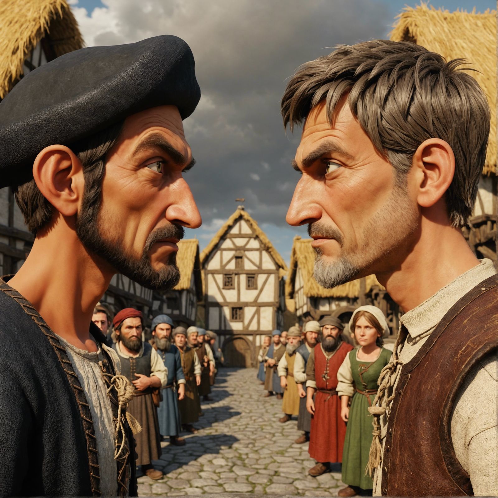 Cartoon Peasants Stare Down in Medieval Town