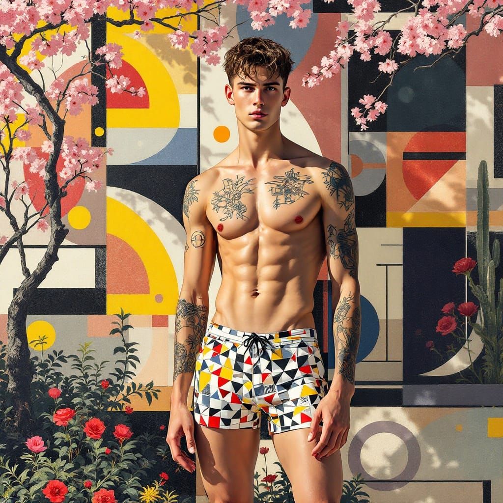 Lean Figure with Geometric Patterns and Mondrian-Inspired Ta...