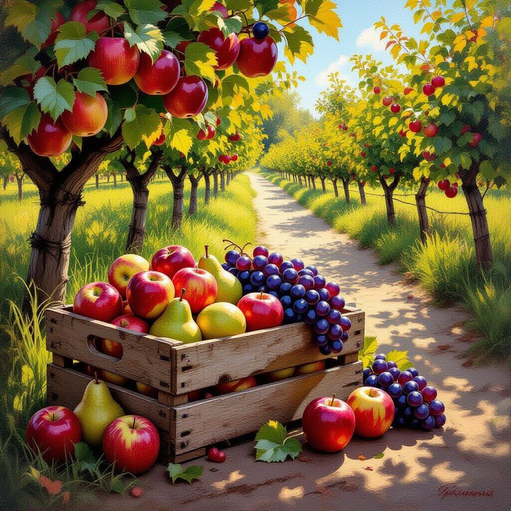 Orchard Harvest: Fruit Crate by Path in Oil Painting Style