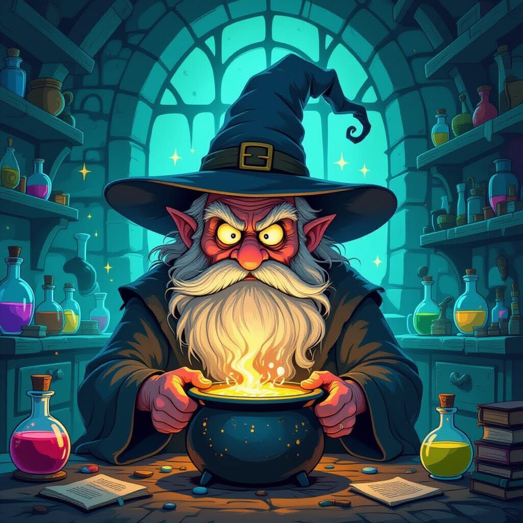 Grumpy Wizard with Spiraling Beard in Comic Storybook Style
