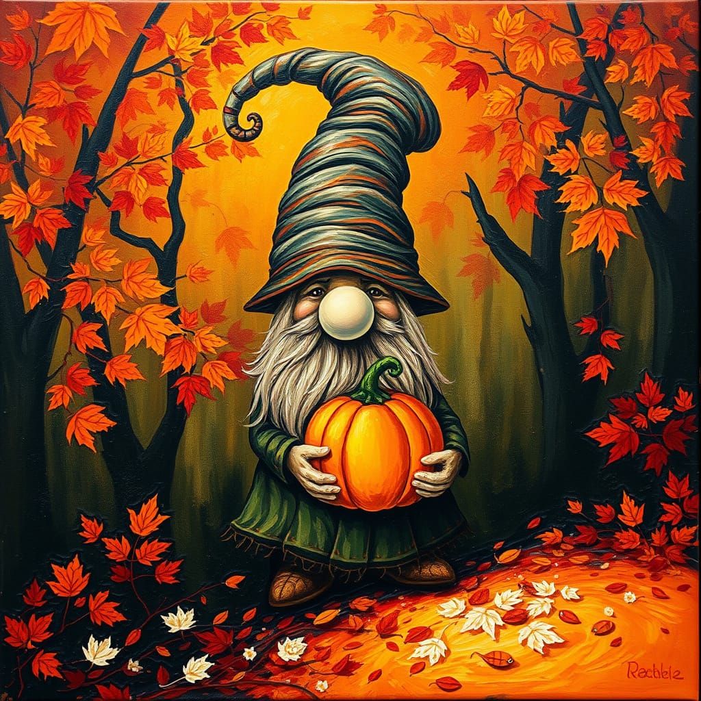 Gnome with Pumpkin in Impasto Autumn Forest