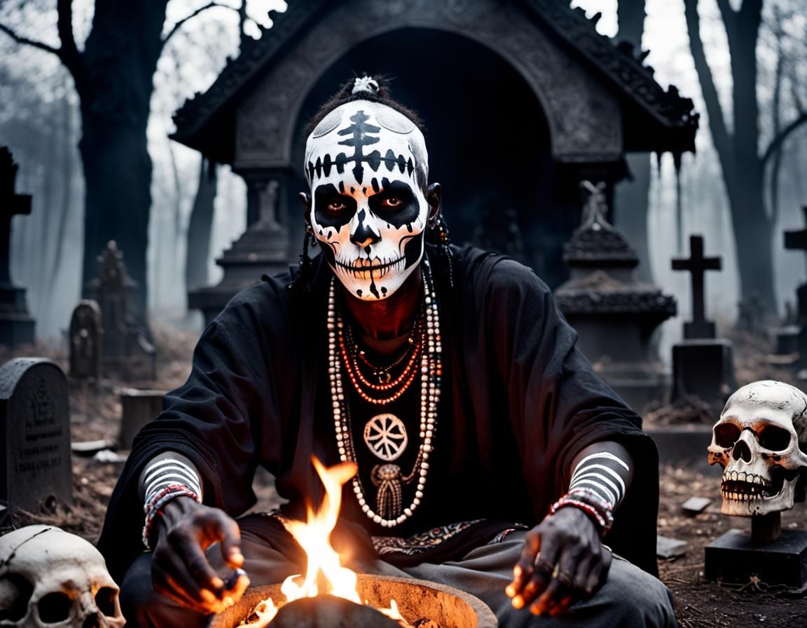 Voodoo Shaman Ritual in Cemetery at Night