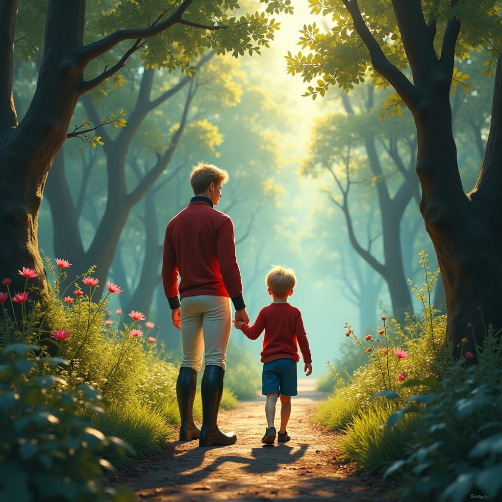 Equestrian and Boy in Mystical Forest Concept Art