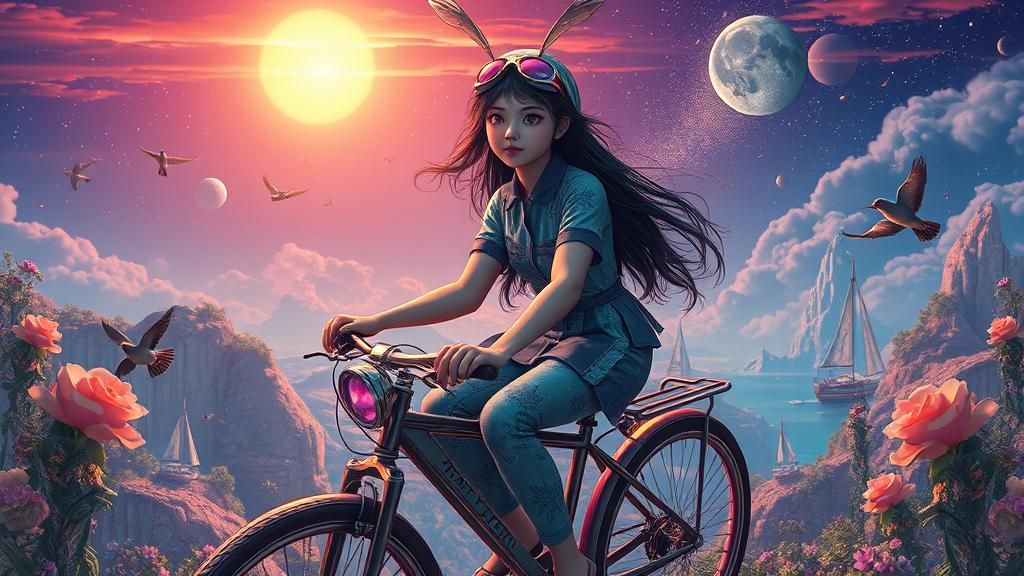 Surreal Woman on Space Bicycle in Sunset Galaxy