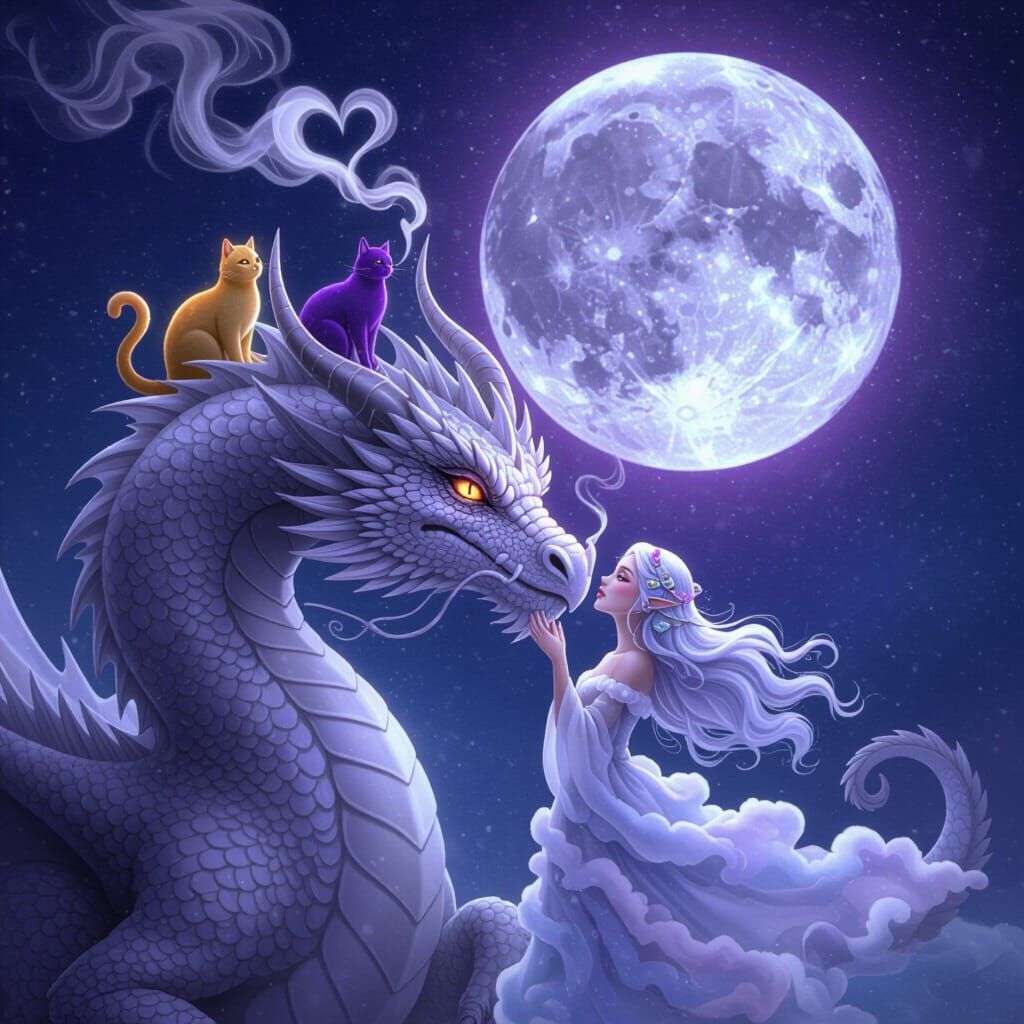 Silver Dragon and Ethereal Girl in Magical Moonlit Snow