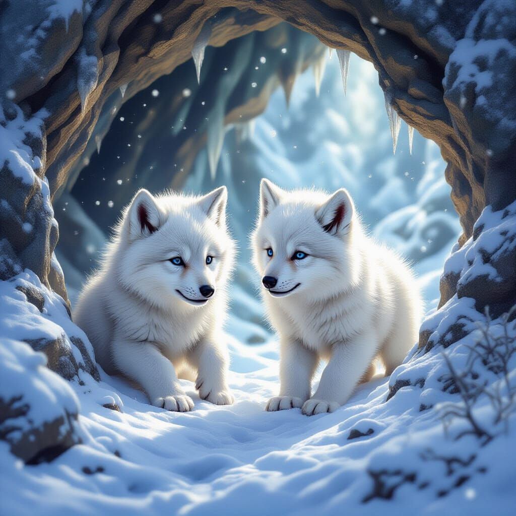 White Wolf Cubs in Snowy Cave, Kinkade Style
