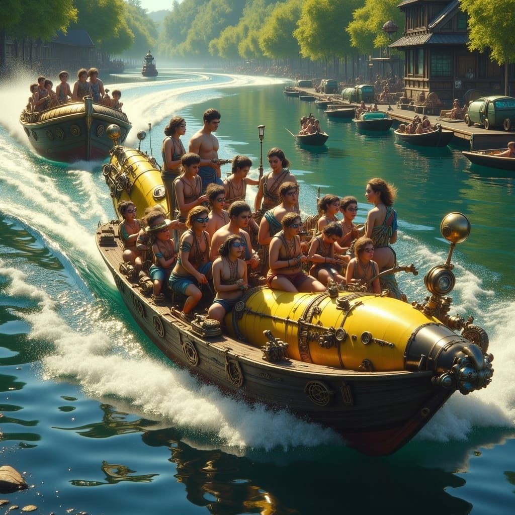 Steampunk Motorboat Tows Banana Boat at Speed